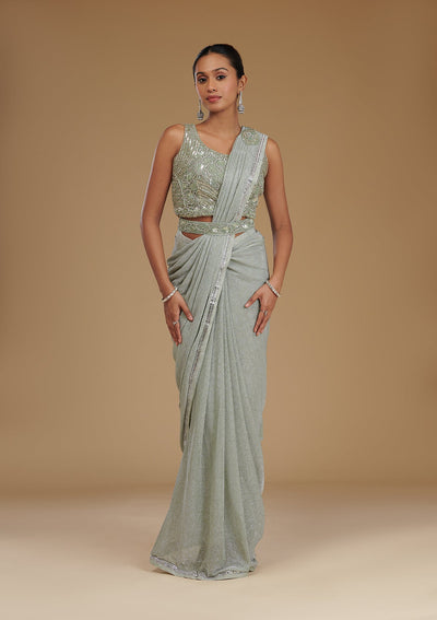 Pista Green Stonework Chiffon Readymade Saree-Koskii