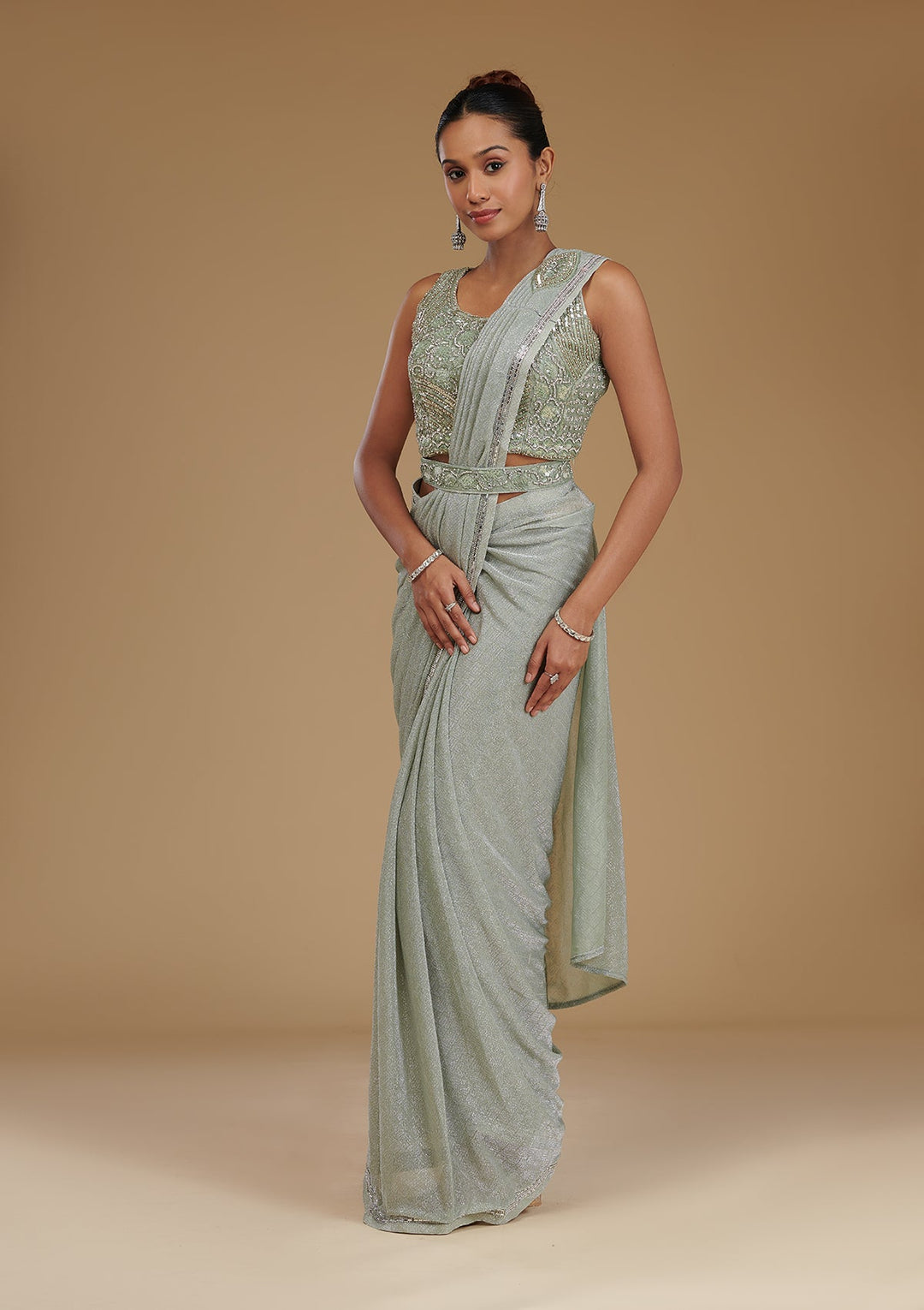 Pista Green Stonework Chiffon Readymade Saree-Koskii