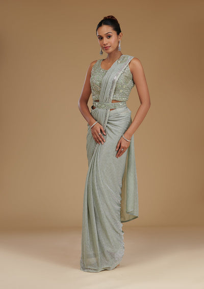 Pista Green Stonework Chiffon Readymade Saree-Koskii