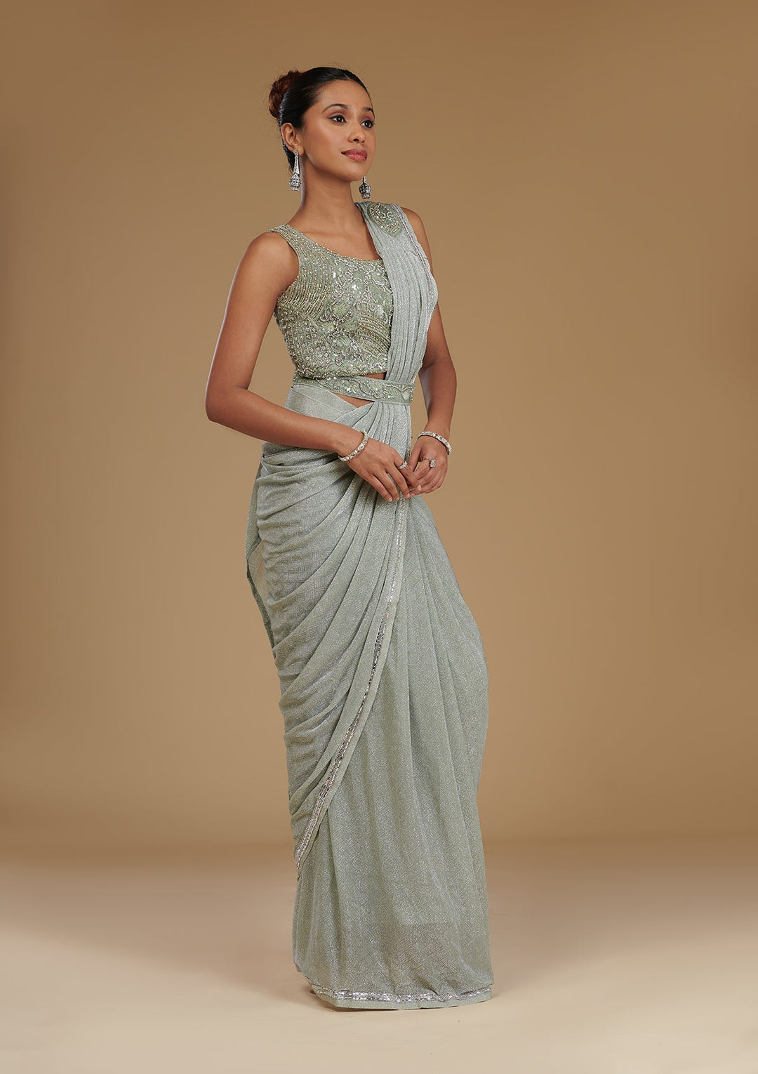 Pista Green Stonework Chiffon Readymade Saree-Koskii