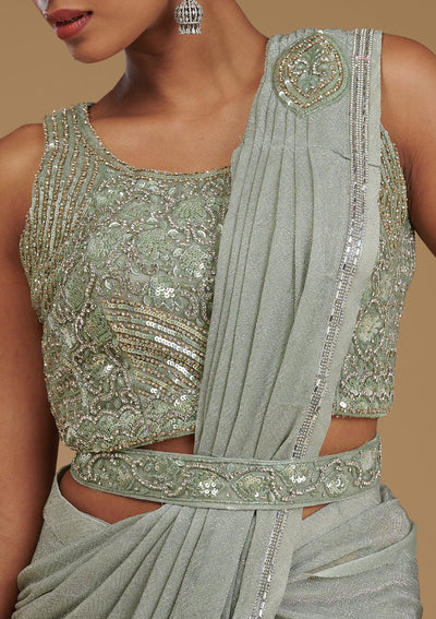Pista Green Stonework Chiffon Readymade Saree-Koskii