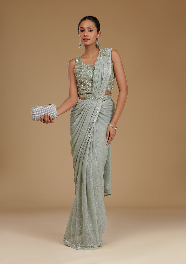 Pista Green Stonework Chiffon Readymade Saree-Koskii