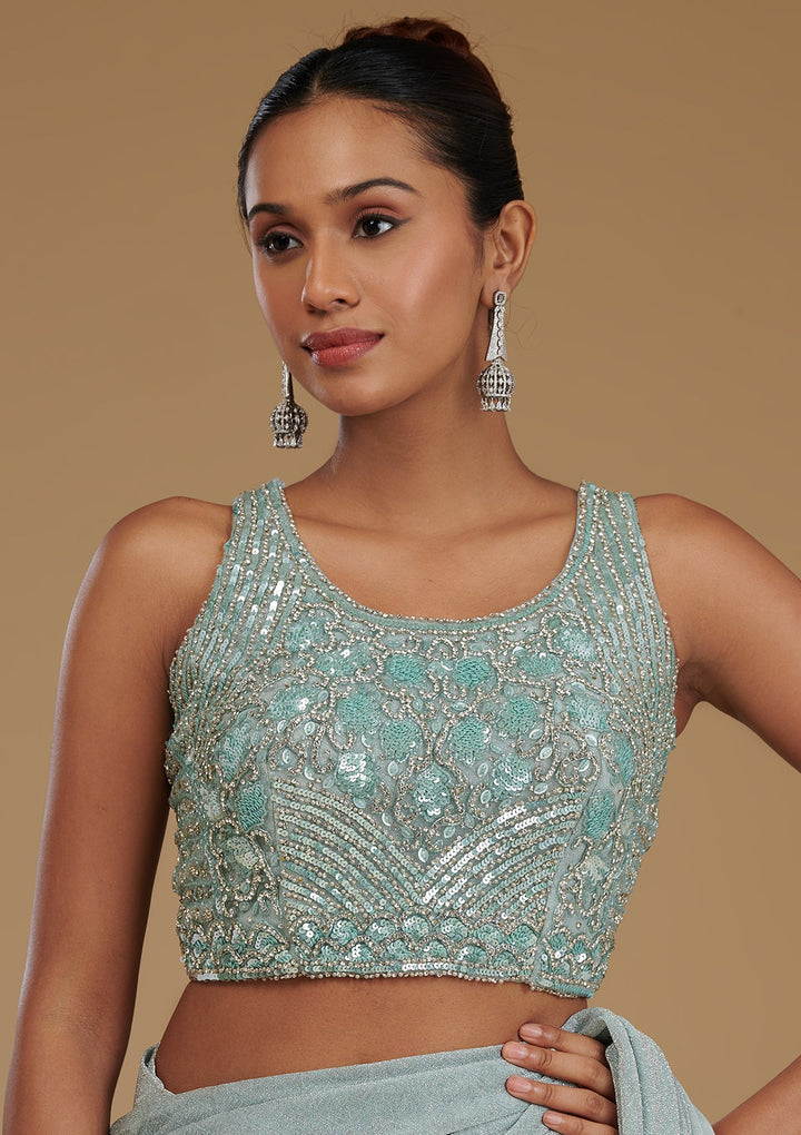 Pista Green Stonework Chiffon Readymade Saree-Koskii