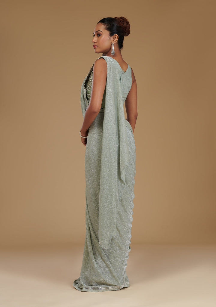 Pista Green Stonework Chiffon Readymade Saree-Koskii