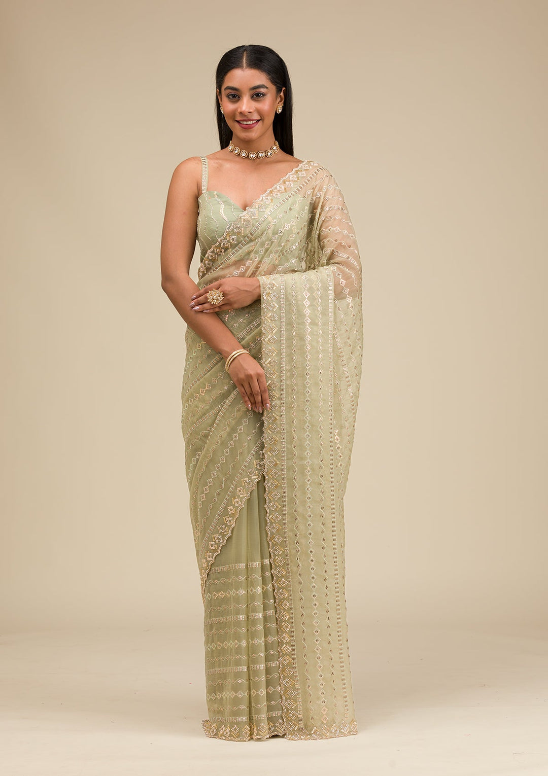 Pista Green Stonework Chiffon Saree-Koskii