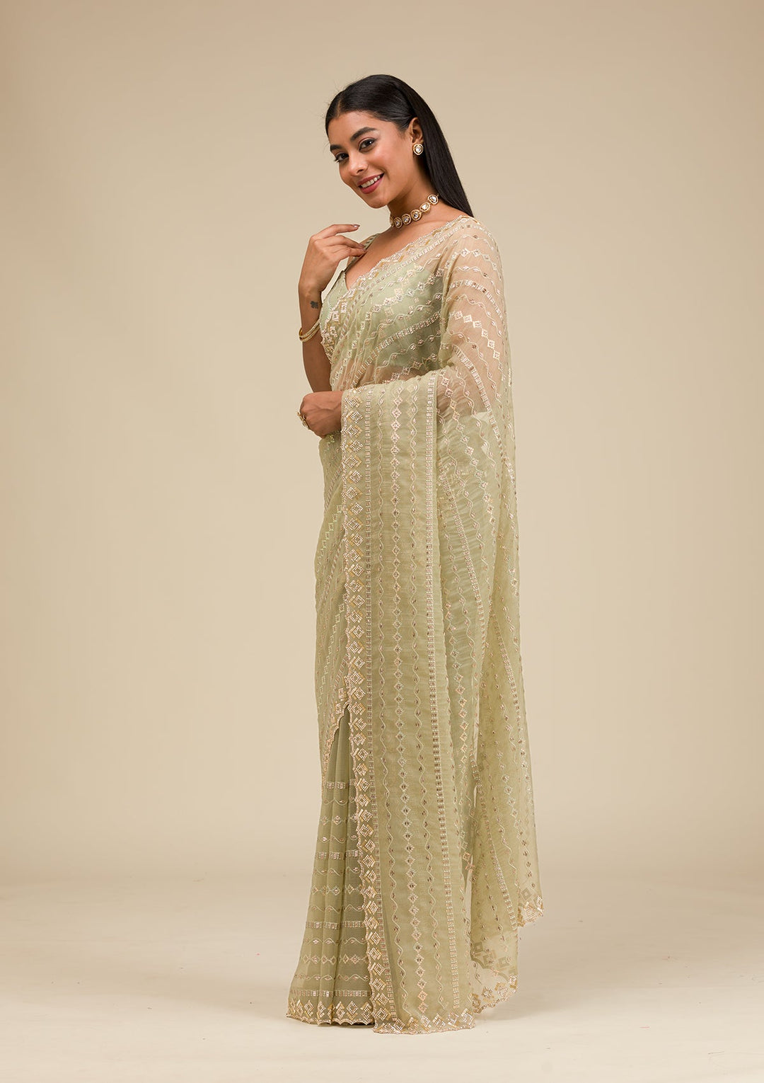 Pista Green Stonework Chiffon Saree-Koskii