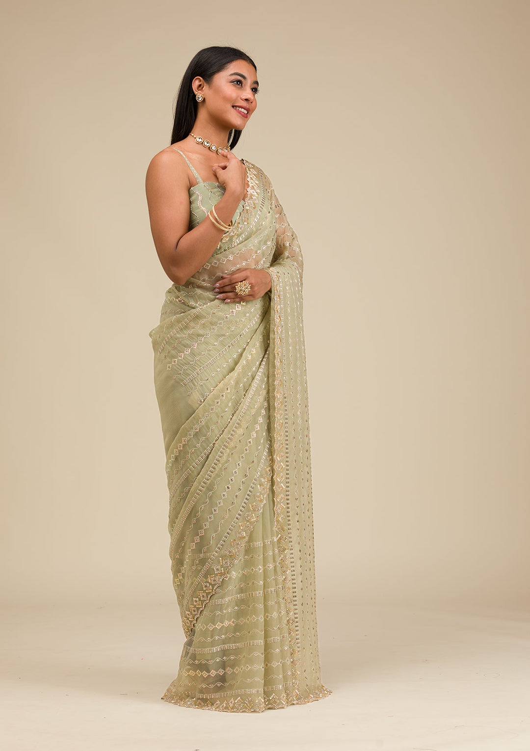Pista Green Stonework Chiffon Saree-Koskii