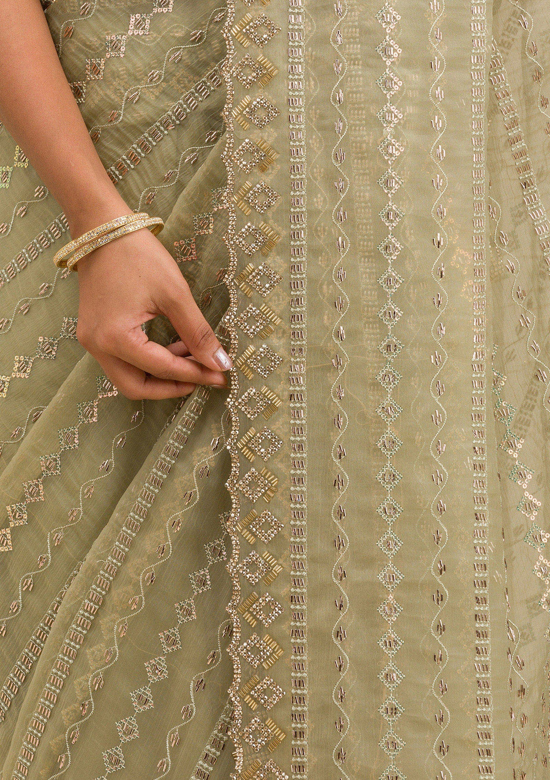 Pista Green Stonework Chiffon Saree-Koskii