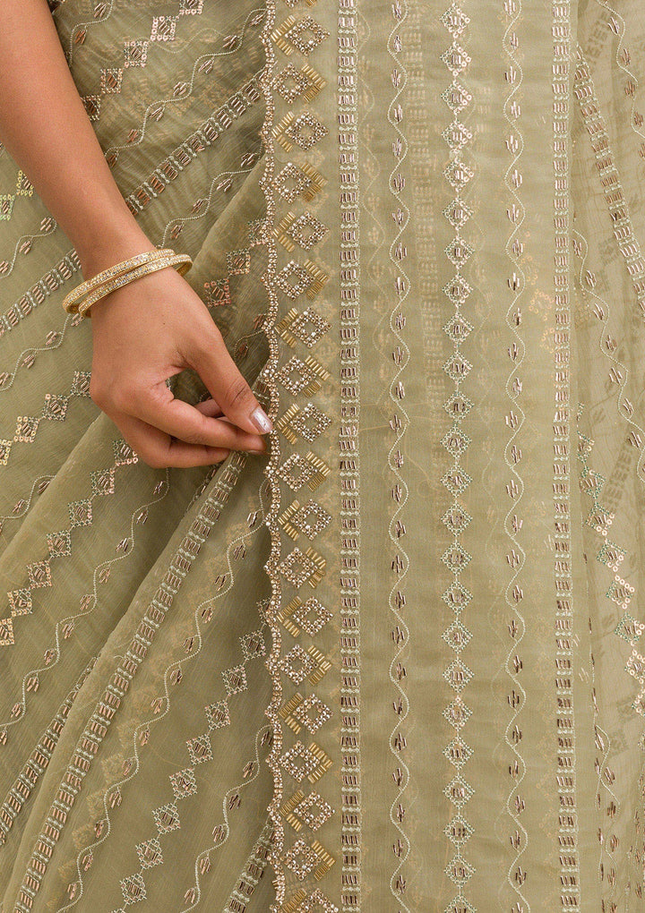 Pista Green Stonework Chiffon Saree-Koskii