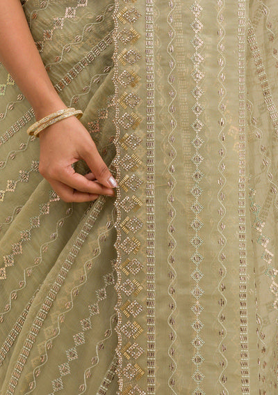 Pista Green Stonework Chiffon Saree-Koskii