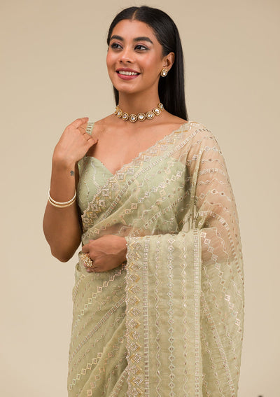 Pista Green Stonework Chiffon Saree-Koskii