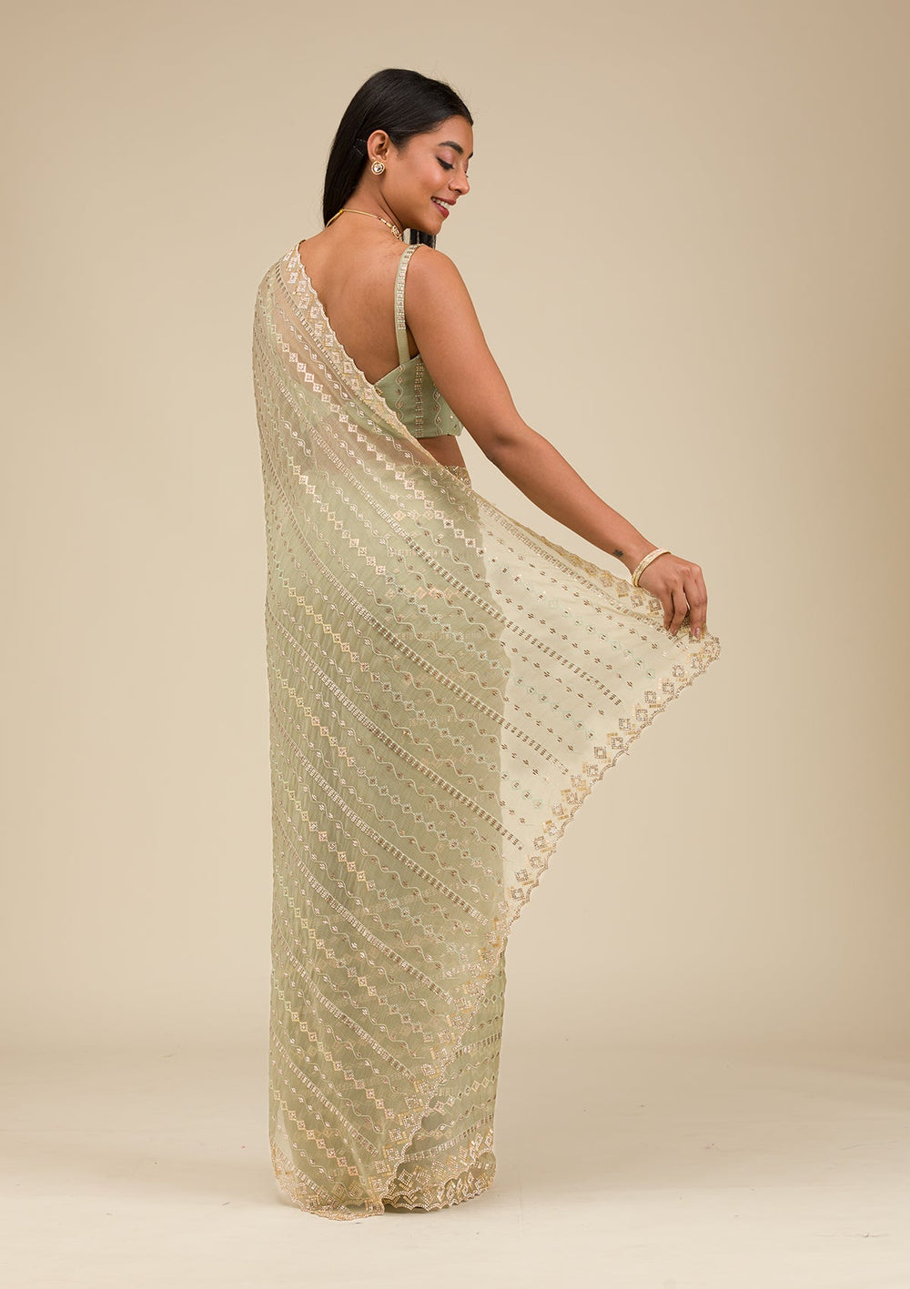 Pista Green Stonework Chiffon Saree-Koskii