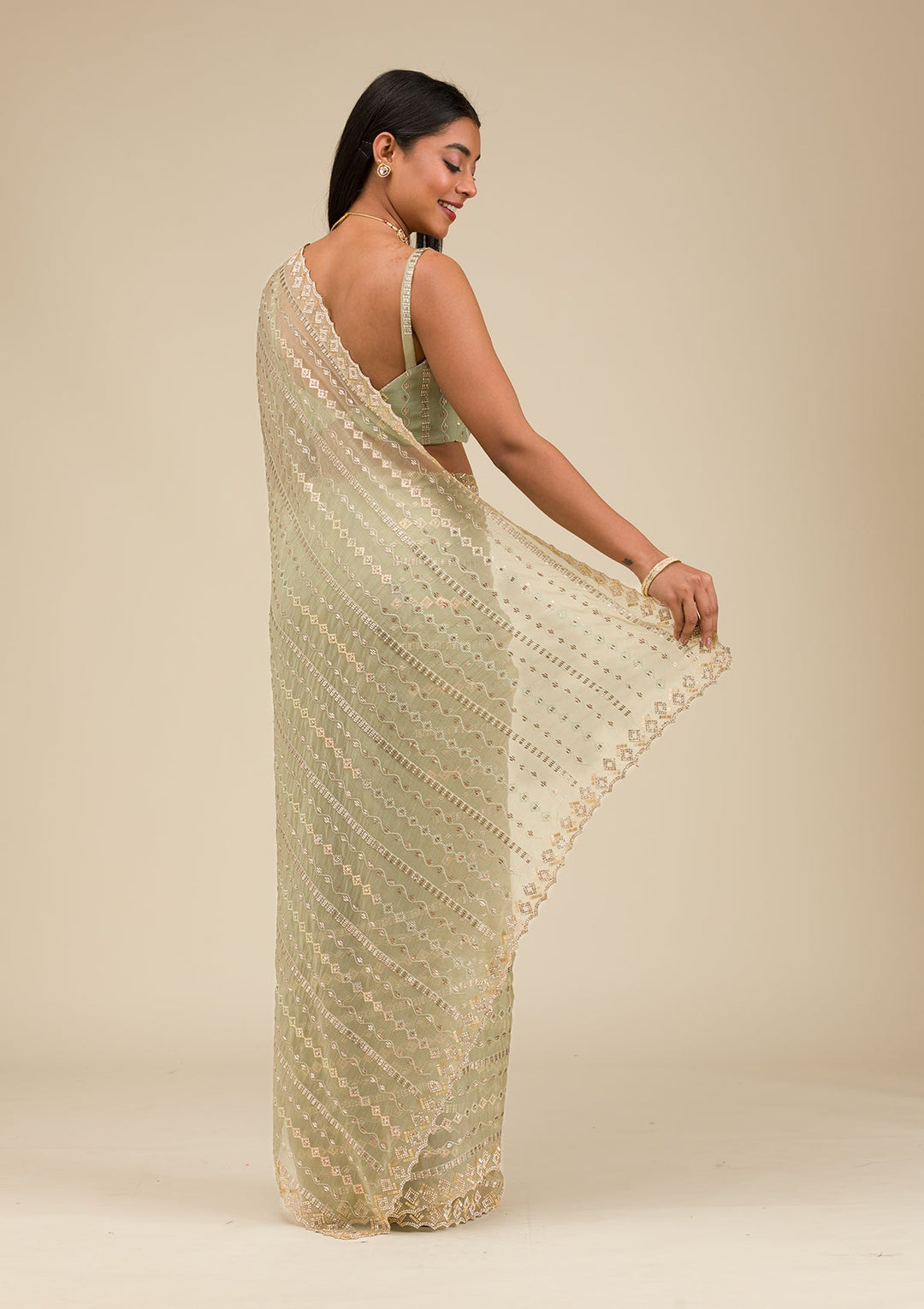 Pista Green Stonework Chiffon Saree-Koskii