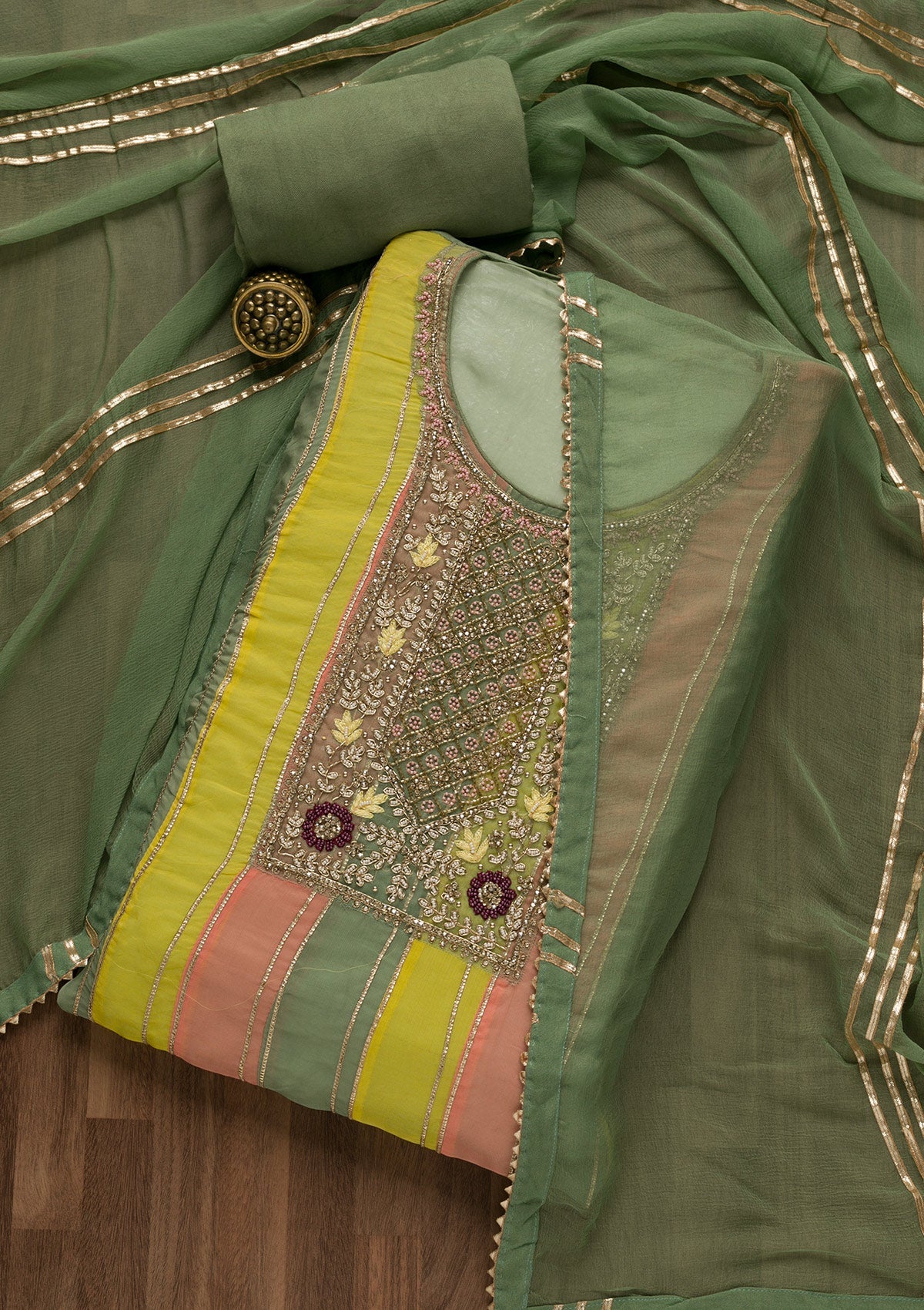 Pista Green Stonework Georgette Unstitched Salwar Suit-Koskii