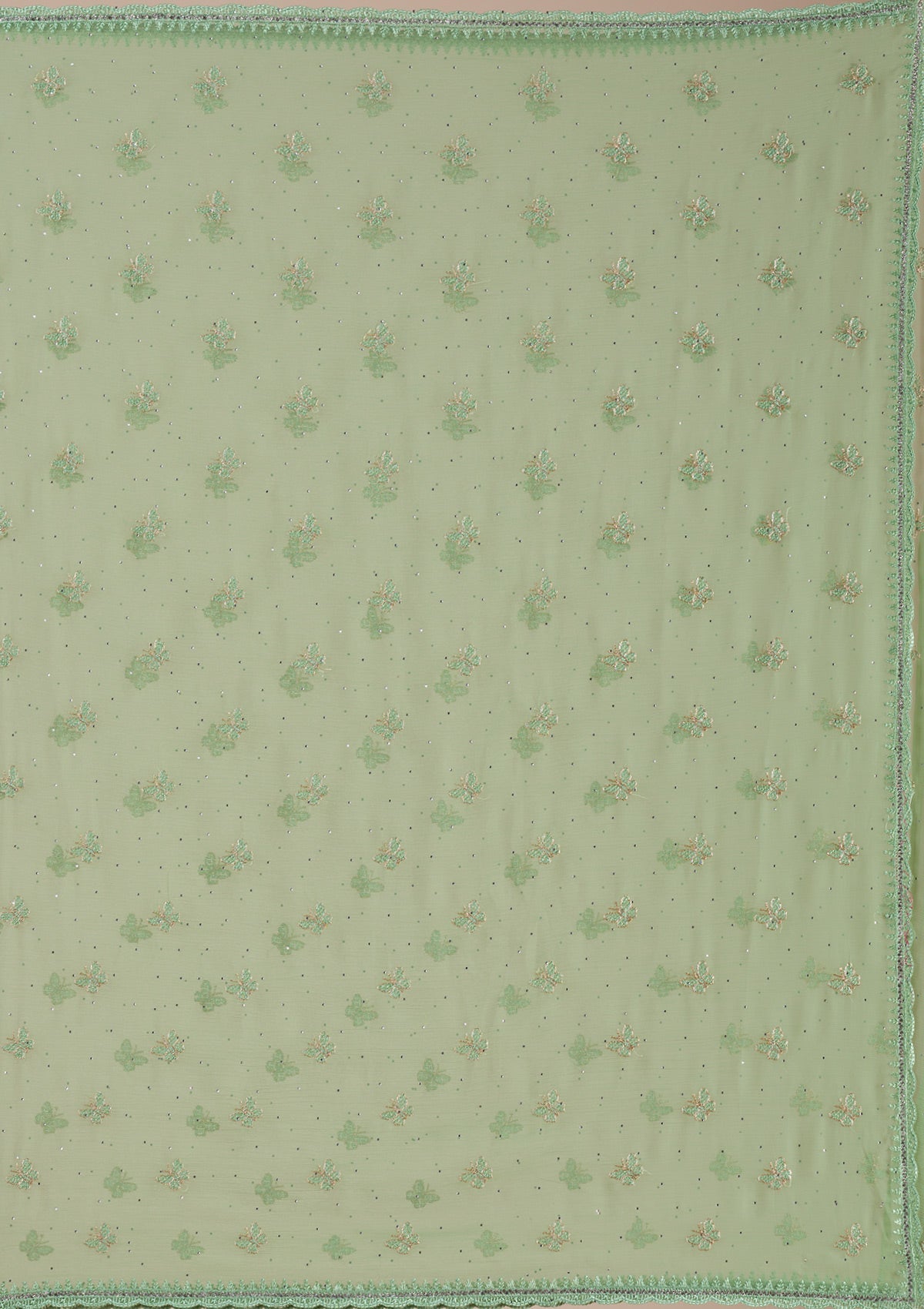 Pista Green Threadwork Chiffon Saree-Koskii
