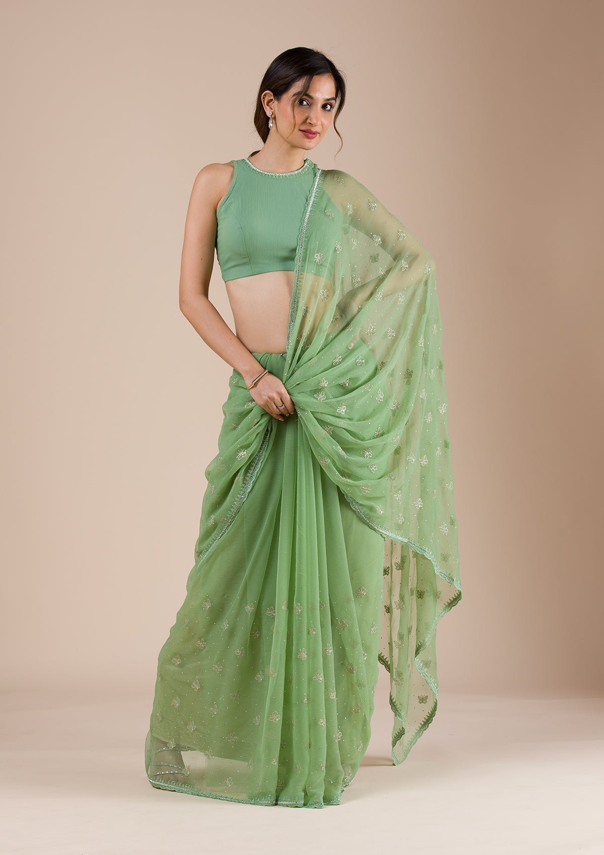 Pista Green Threadwork Chiffon Saree-Koskii