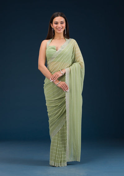 Pista Green Stonework Georgette Saree