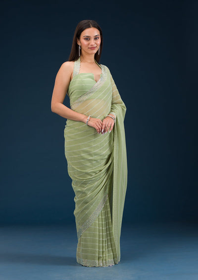 Pista Green Stonework Georgette Saree