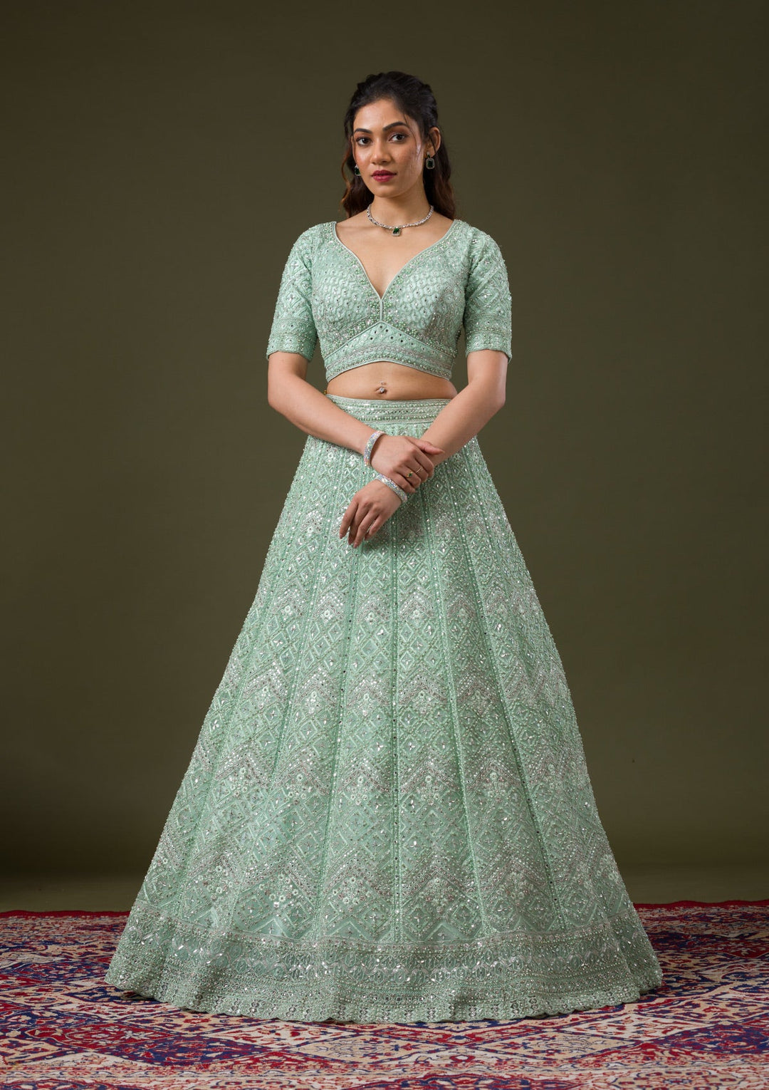 Pista Green Stonework Net Readymade Lehenga-Koskii