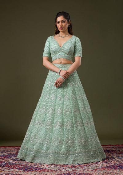 Pista Green Stonework Net Readymade Lehenga-Koskii