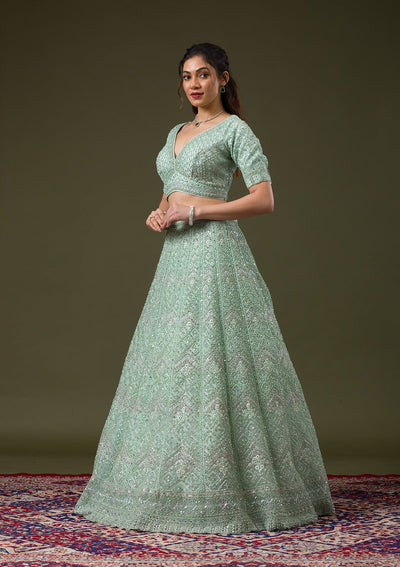 Pista Green Stonework Net Readymade Lehenga-Koskii