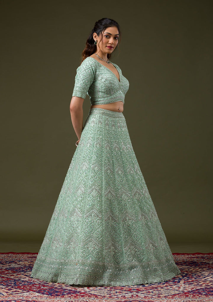 Pista Green Stonework Net Readymade Lehenga-Koskii
