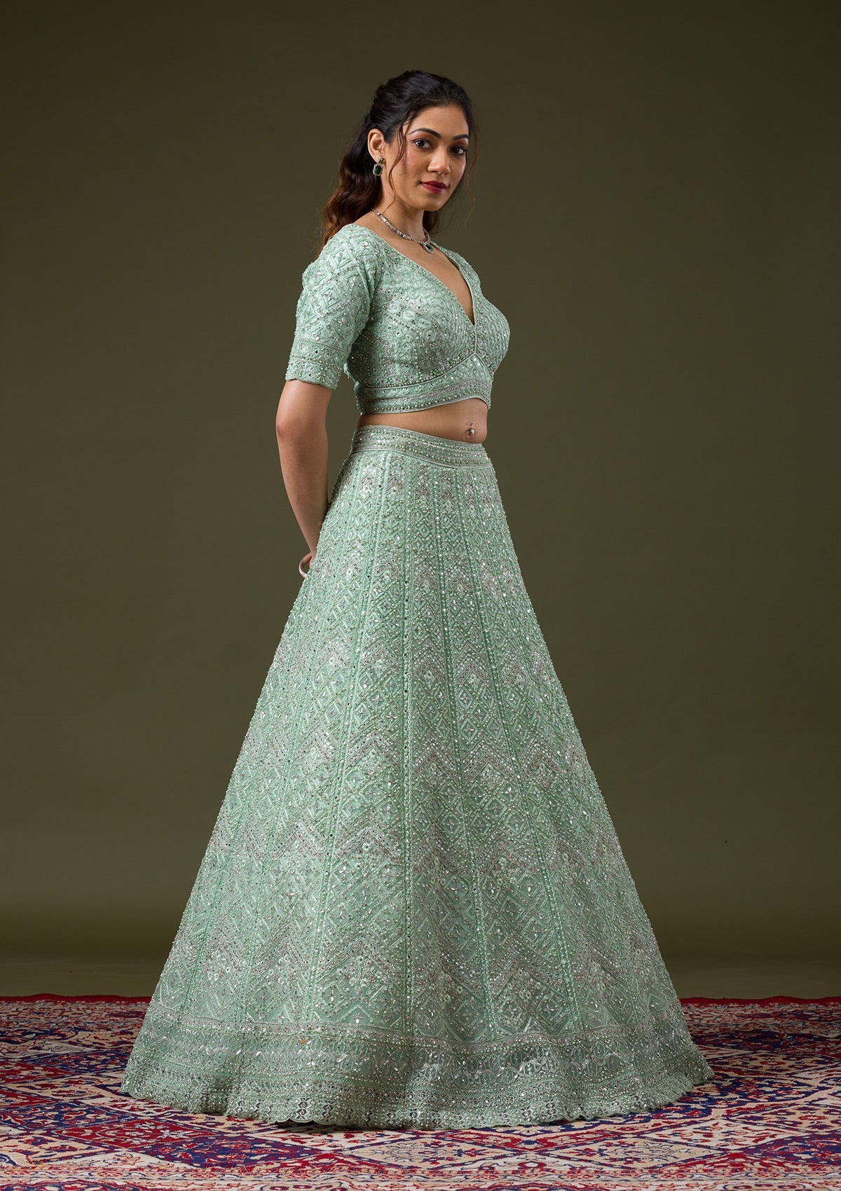 Pista Green Stonework Net Readymade Lehenga-Koskii