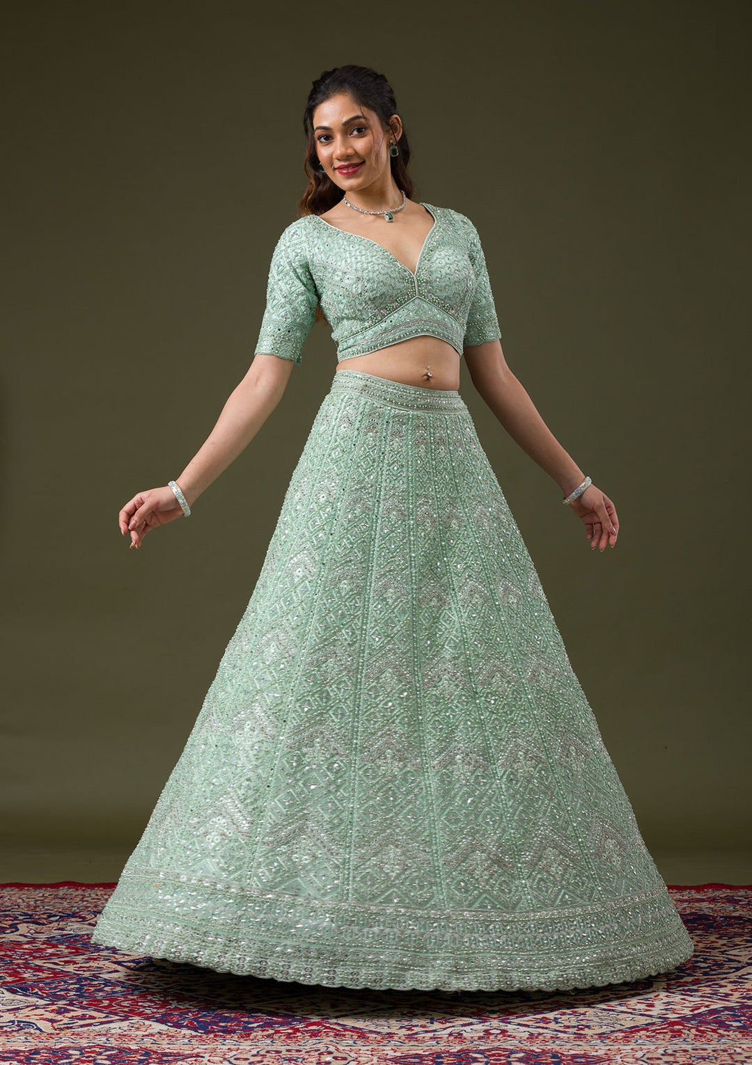 Pista Green Stonework Net Readymade Lehenga-Koskii