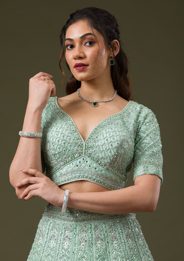 Pista Green Stonework Net Readymade Lehenga-Koskii