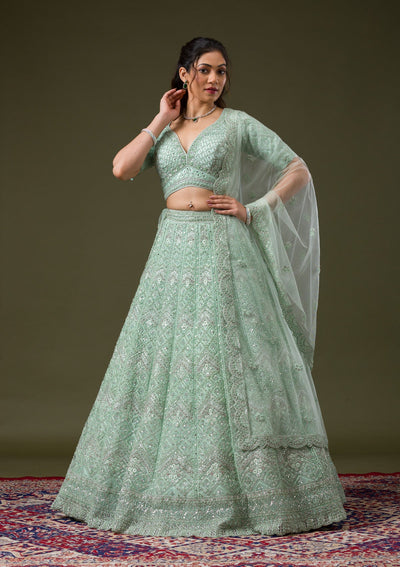 Pista Green Stonework Net Readymade Lehenga-Koskii