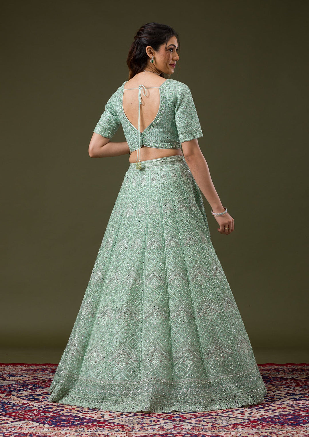 Pista Green Stonework Net Readymade Lehenga-Koskii