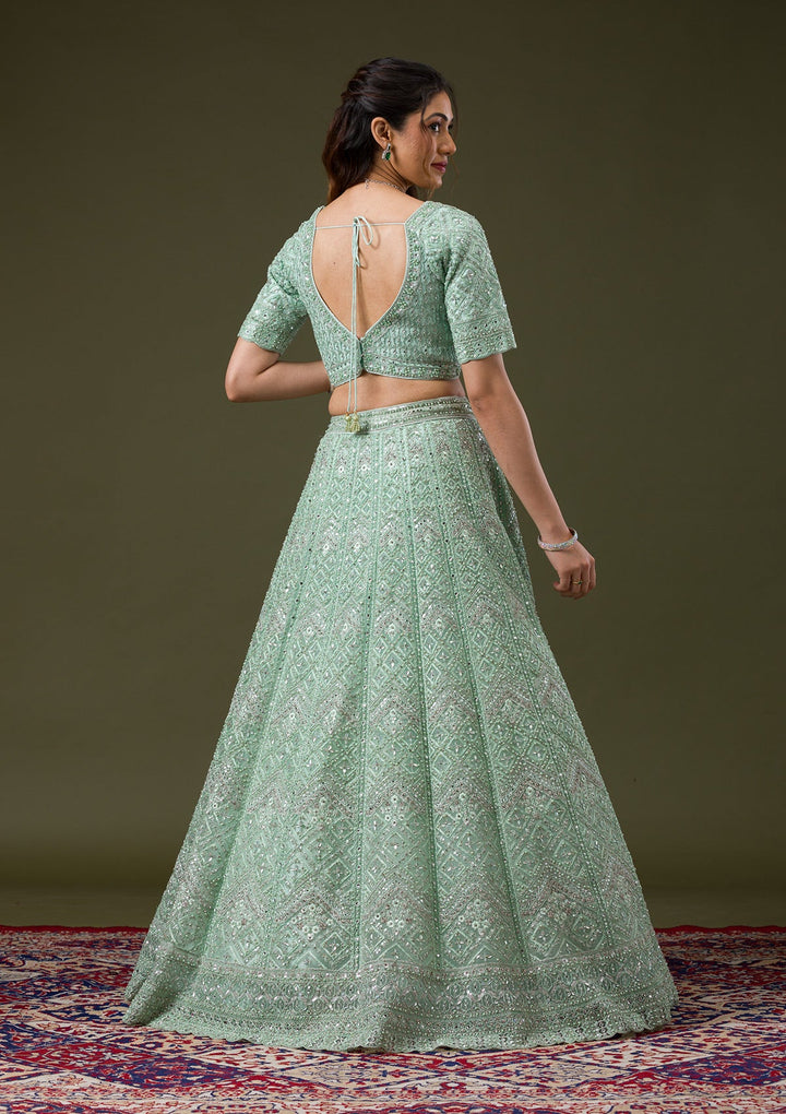 Pista Green Stonework Net Readymade Lehenga-Koskii