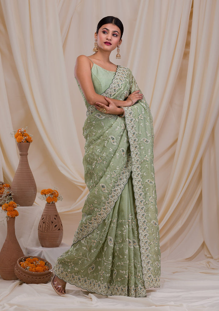 Pista Green Stonework Net Saree-Koskii