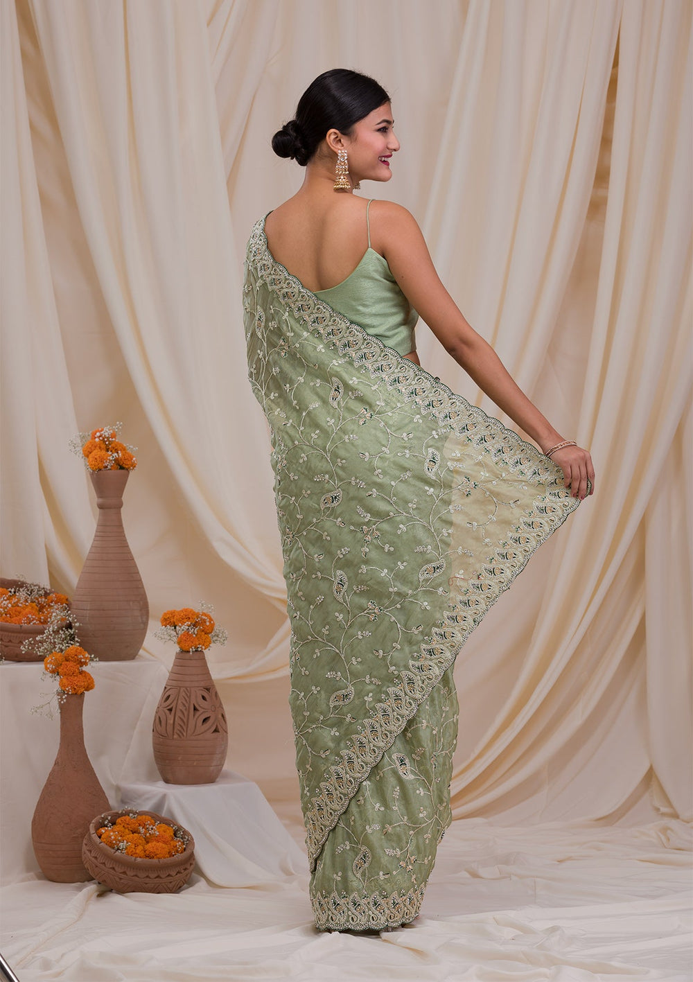 Pista Green Stonework Net Saree-Koskii