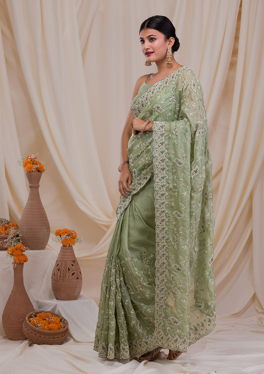 Pista Green Stonework Net Saree-Koskii
