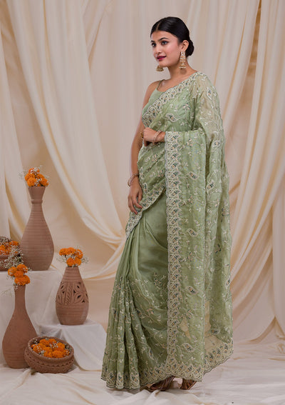 Pista Green Stonework Net Saree