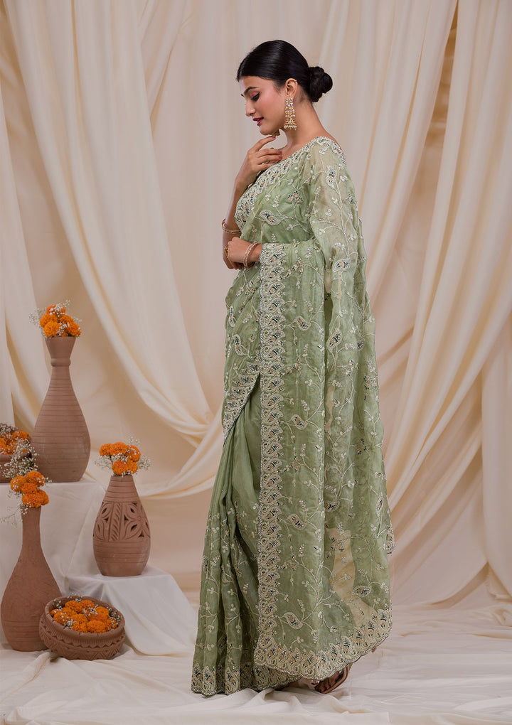 Pista Green Stonework Net Saree-Koskii