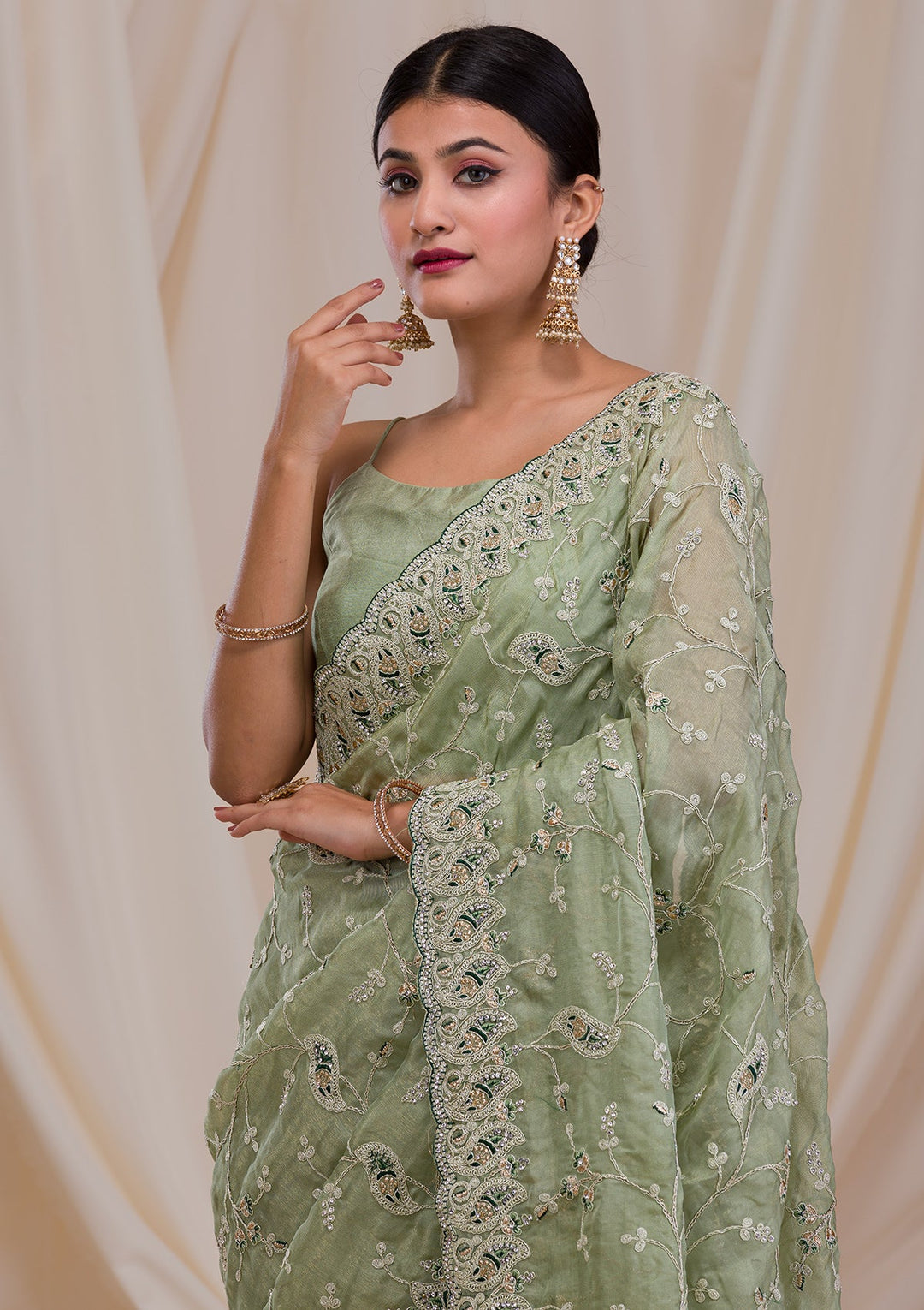 Pista Green Stonework Net Saree-Koskii