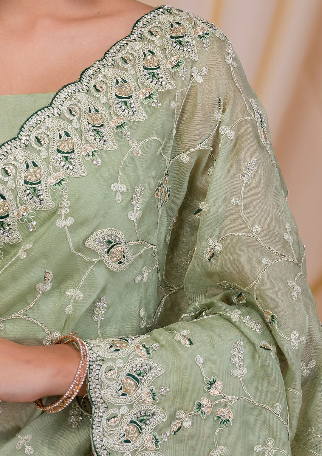 Pista Green Stonework Net Saree-Koskii