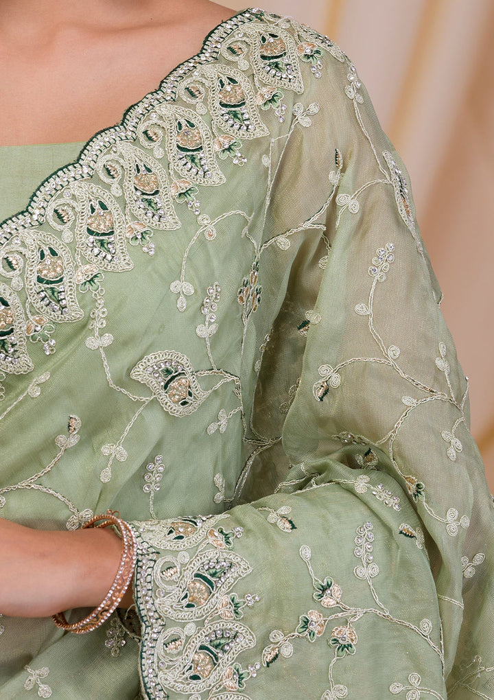 Pista Green Stonework Net Saree-Koskii