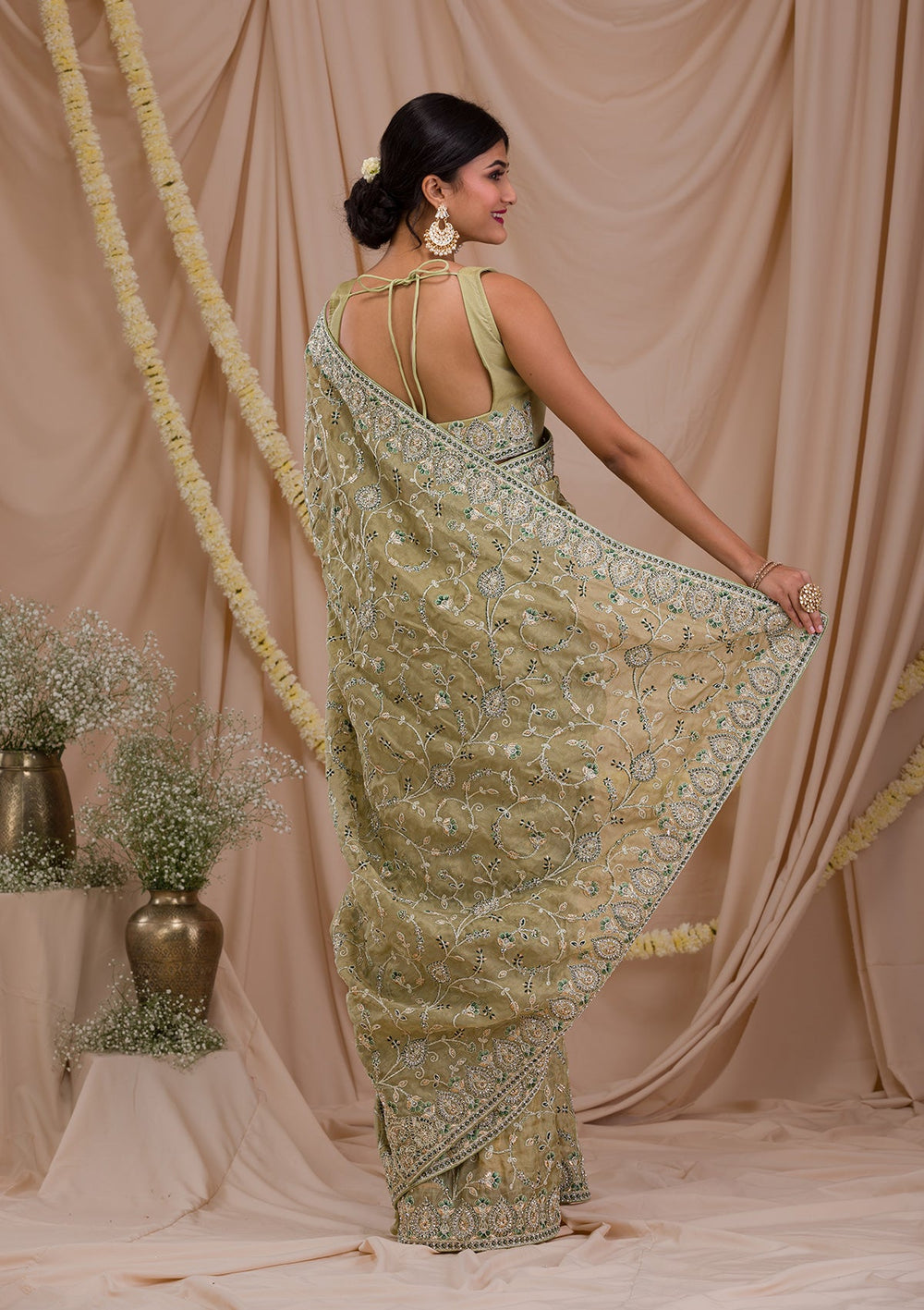 Pista Green Stonework Net Saree-Koskii