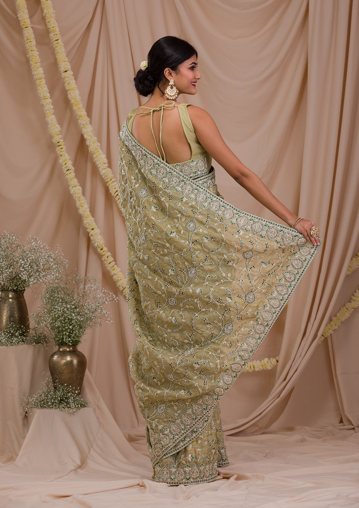 Pista Green Stonework Net Saree-Koskii