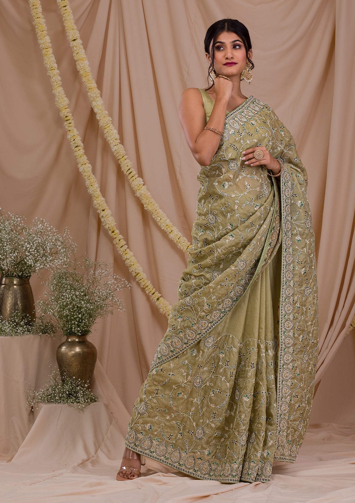 Pista Green Stonework Net Saree-Koskii