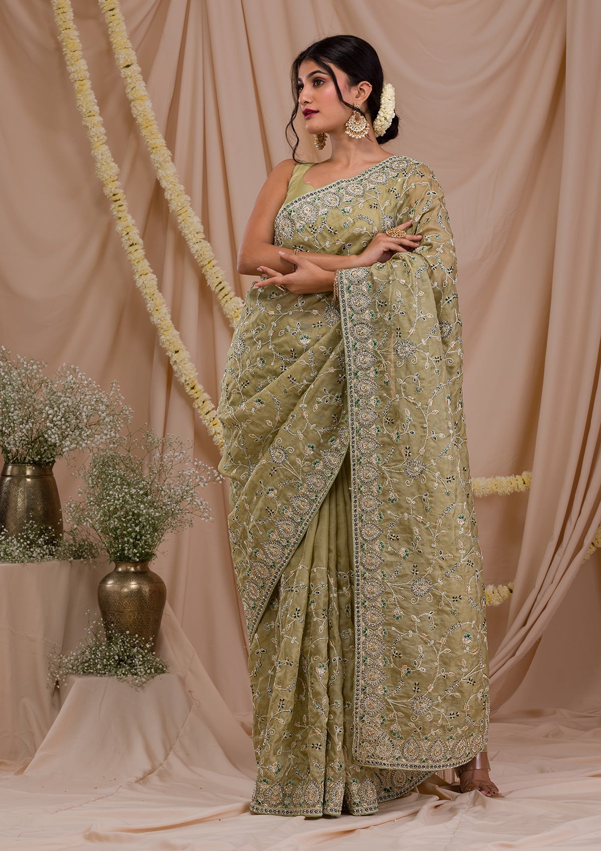 Pista Green Stonework Net Saree-Koskii
