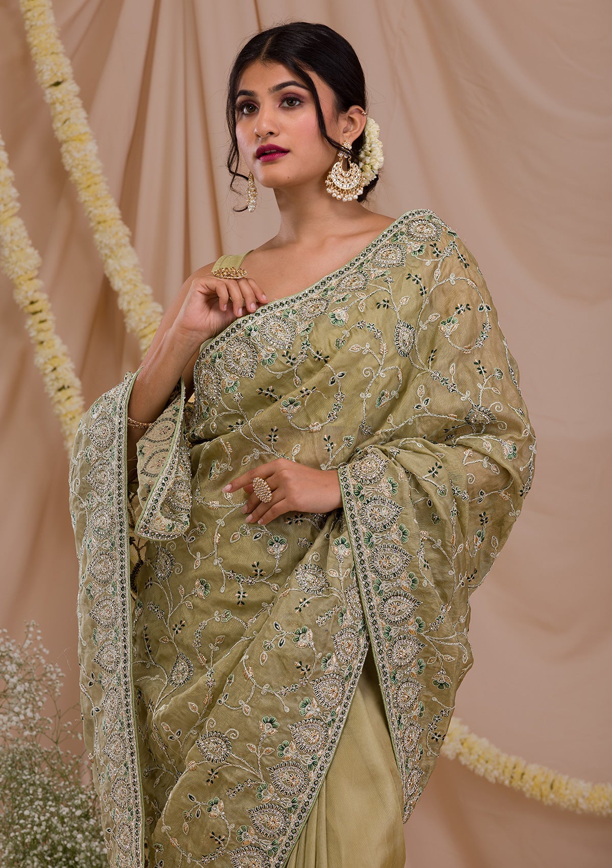 Pista Green Stonework Net Saree-Koskii