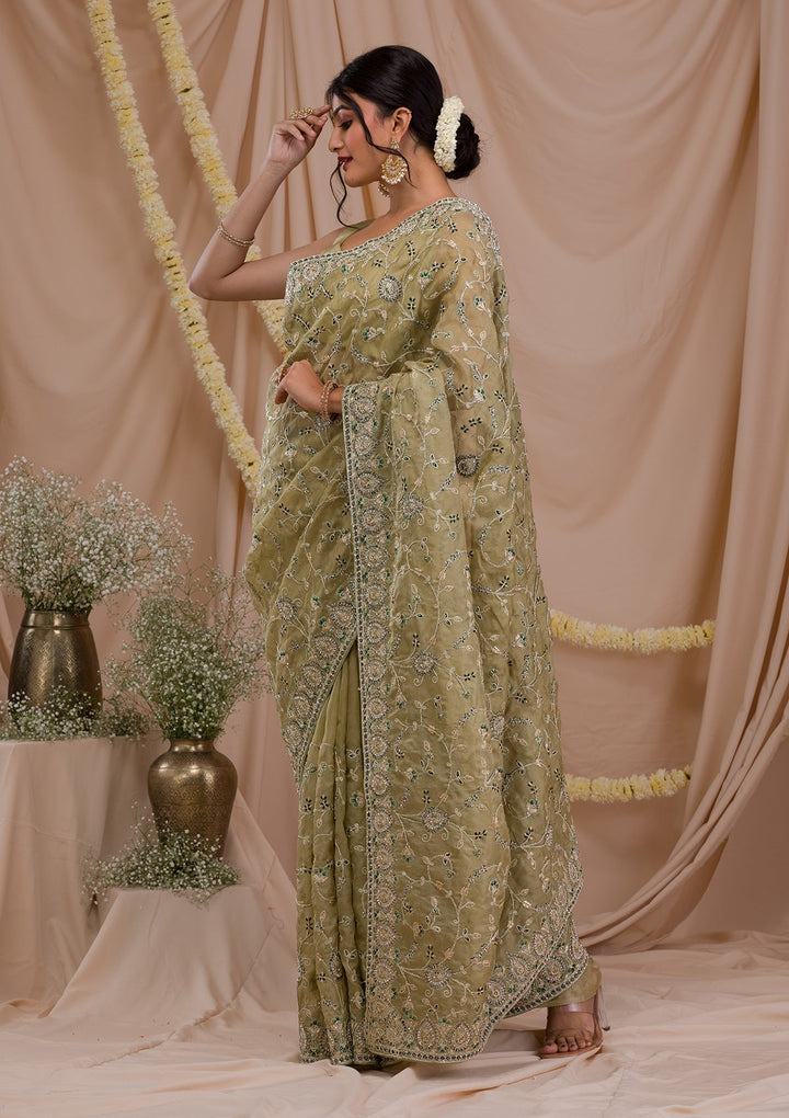 Pista Green Stonework Net Saree-Koskii