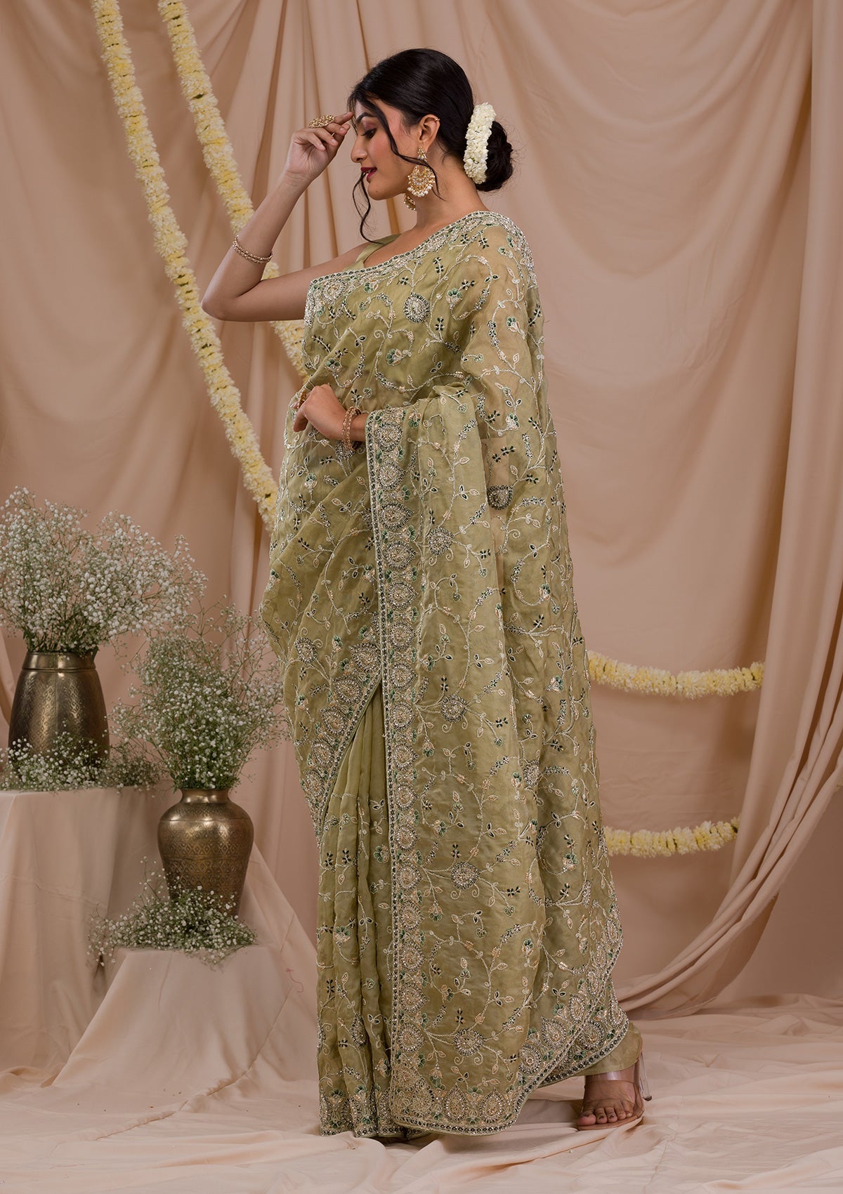 Pista Green Stonework Net Saree-Koskii