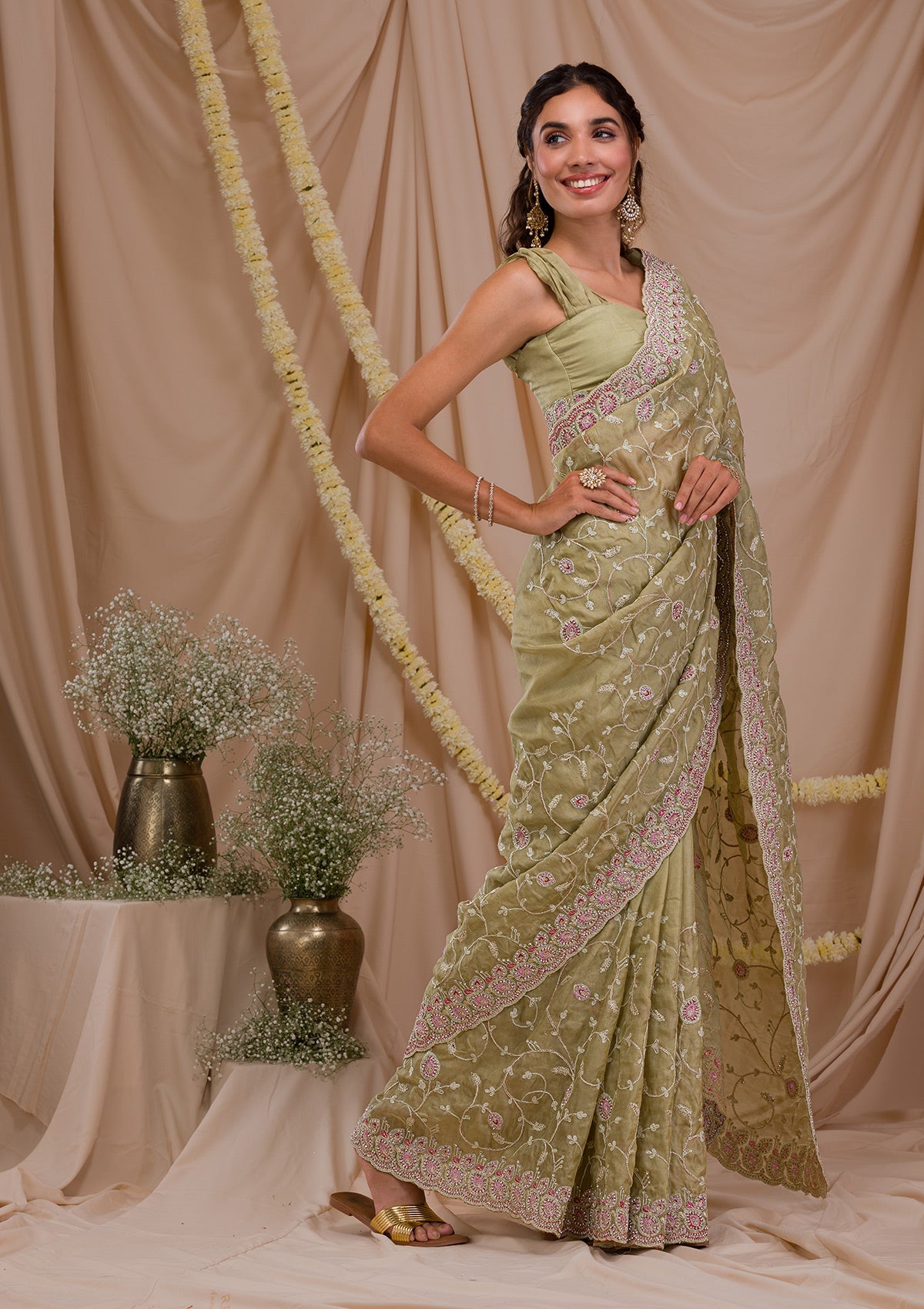 Pista Green Stonework Net Saree-Koskii
