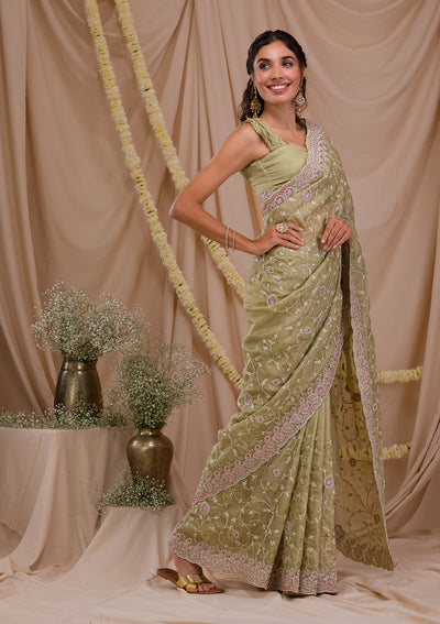 Pista Green Stonework Net Saree-Koskii