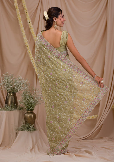 Pista Green Stonework Net Saree-Koskii